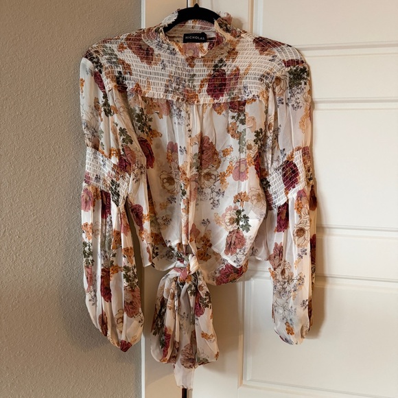 NICHOLAS Floral Silk Kaija Blouse Smocked High Neck Long Sleeve NWOT Small - Picture 4 of 9